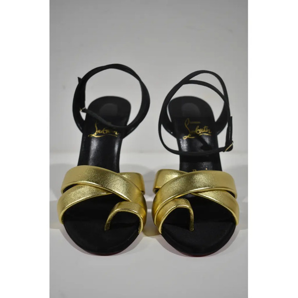 Christian Louboutin Just Me 100 Black Gold Sandal Ankle Strap Open Heel Pump 39 - Picture 5 of 11